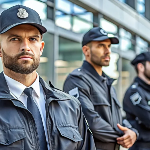 Security officers standing outside a building.