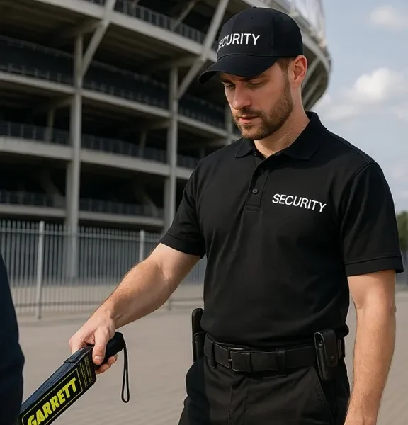 Security guard using handheld metal detector.
