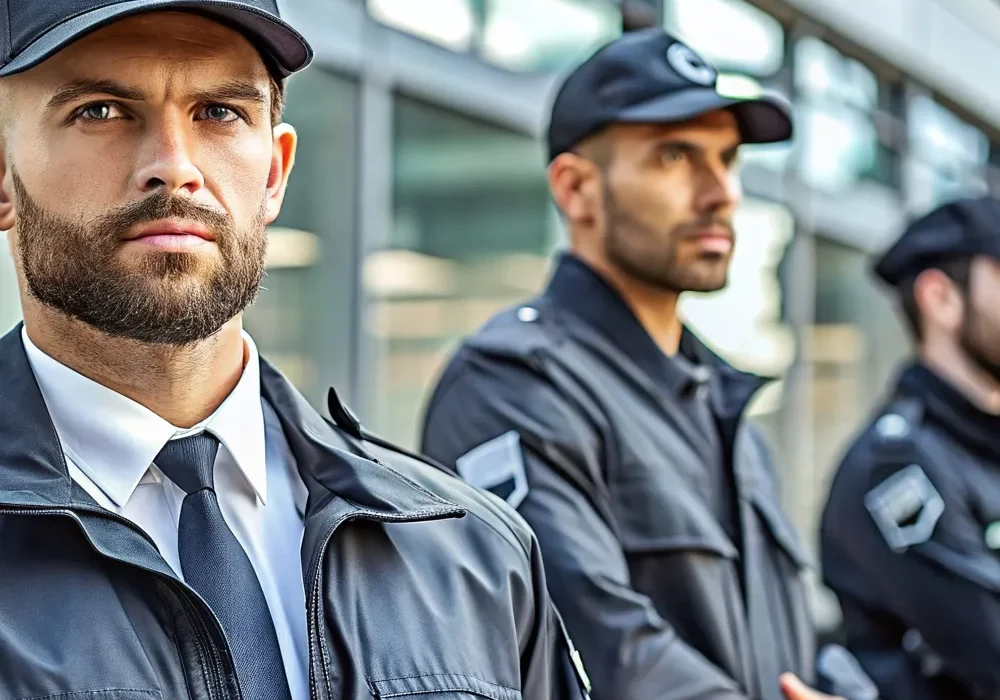 Security officers standing outside a building.