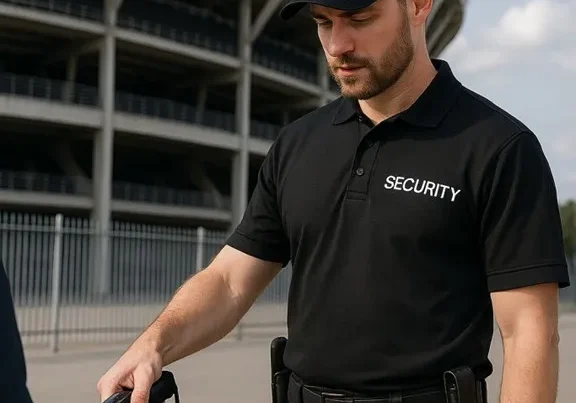 Security guard using handheld metal detector.